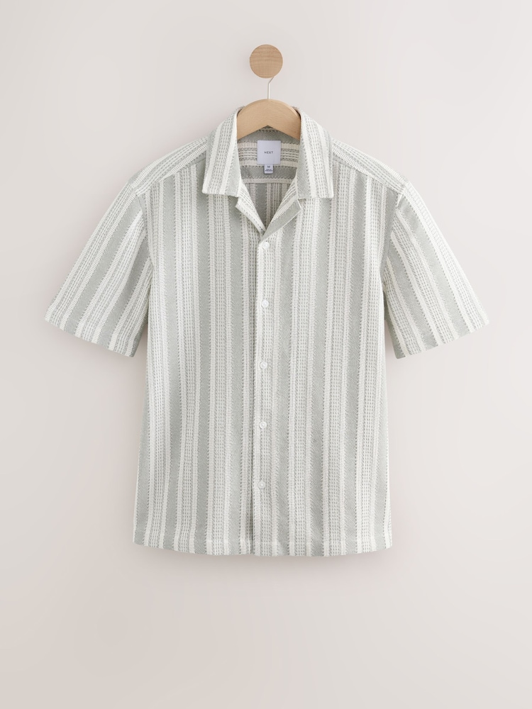 Зелений - 100% Cotton Textured у смужку з коротким рукавом сорочки - Image 7 of 9