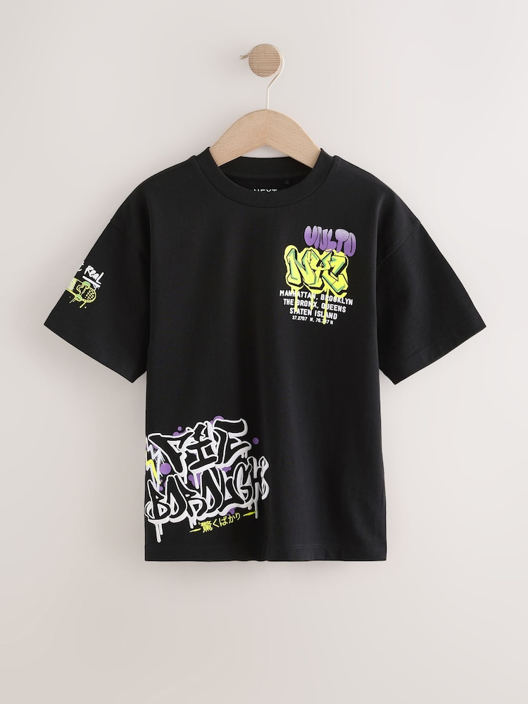 Black Graffiti Relaxed Fit Short Sleeve Graphic Print T-Shirt (3-16yrs) - Image 1 of 4