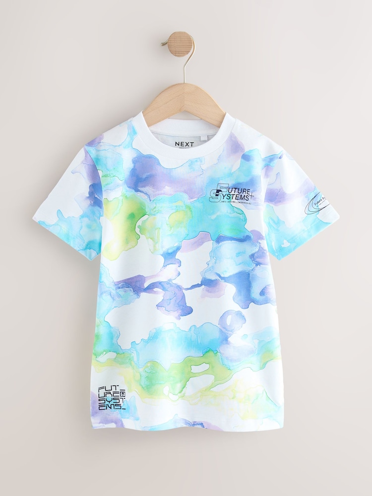 White/Blue Relaxed Fit Short Sleeve All-Over Print 100% Cotton T-Shirt (3-16yrs) - Image 1 of 4
