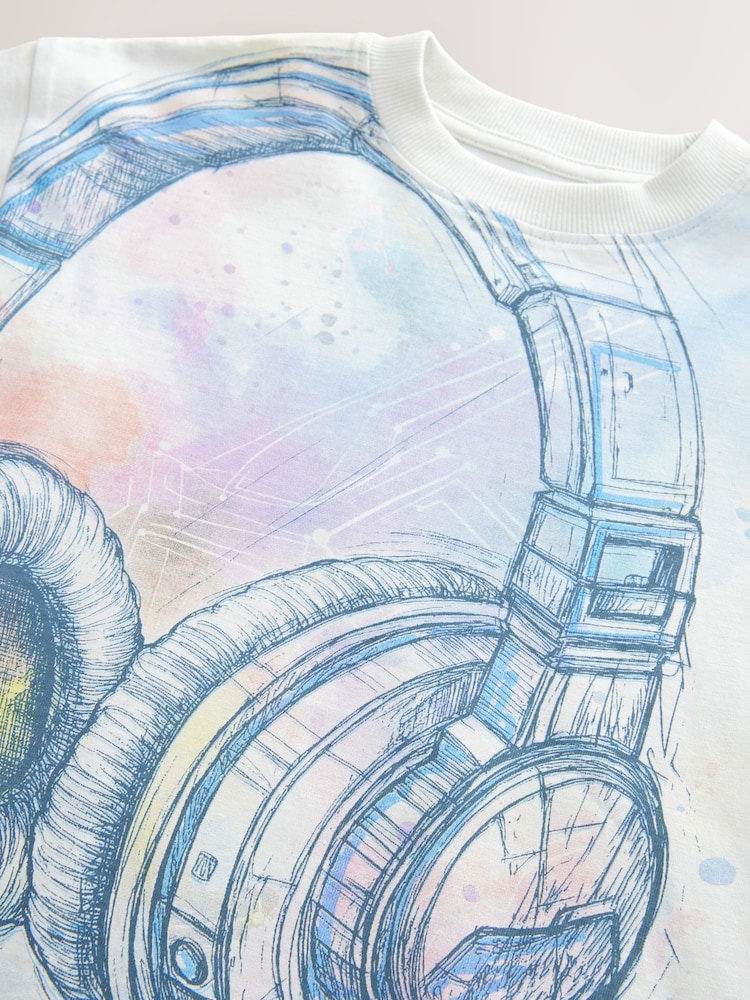 Witte koptelefoon - Ruimvallend T-shirt met korte mouwen en grafische print (3-16jr) - Image 3 of 4