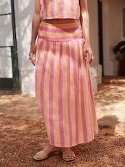Coral Pink/Orange Stripe Soft 100% Cotton Elasticated Waist Maxi Skirt - Image 4 of 8