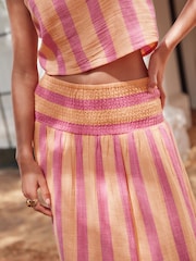 Coral Pink/Orange Stripe Soft 100% Cotton Elasticated Waist Maxi Skirt - Image 5 of 8