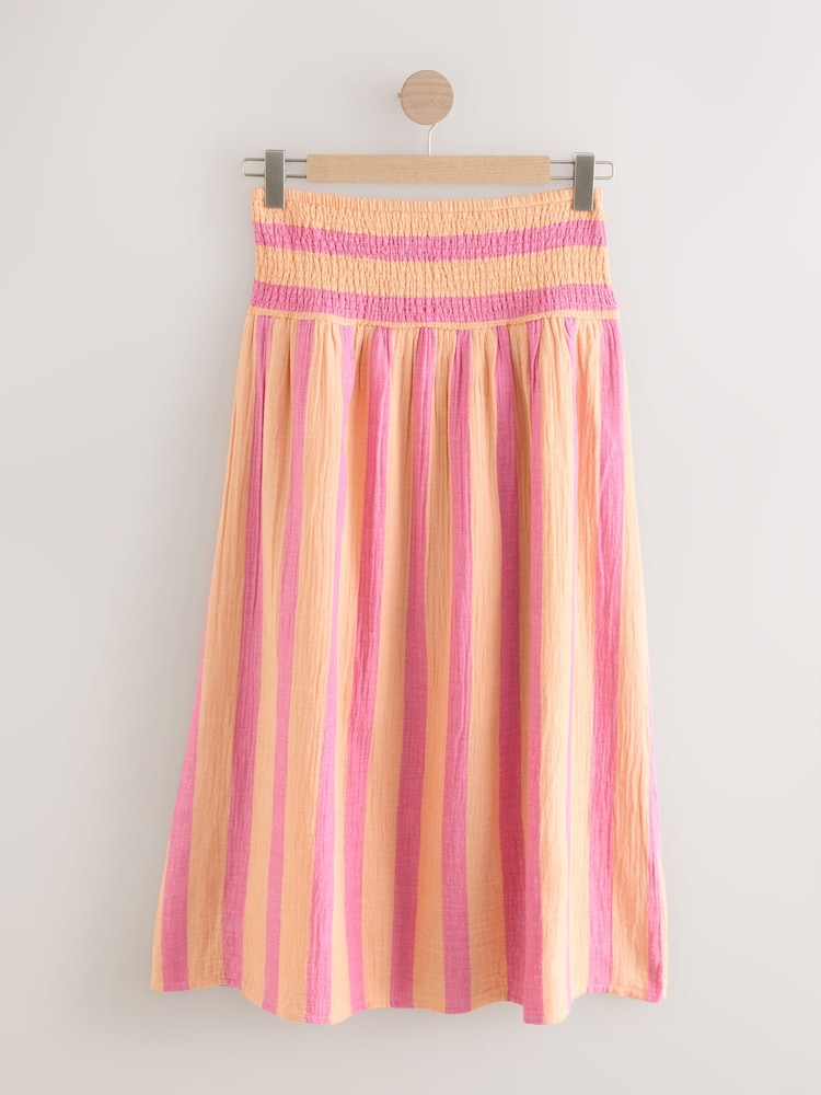 Coral Pink/Orange Stripe Soft 100% Cotton Elasticated Waist Maxi Skirt - Image 6 of 8