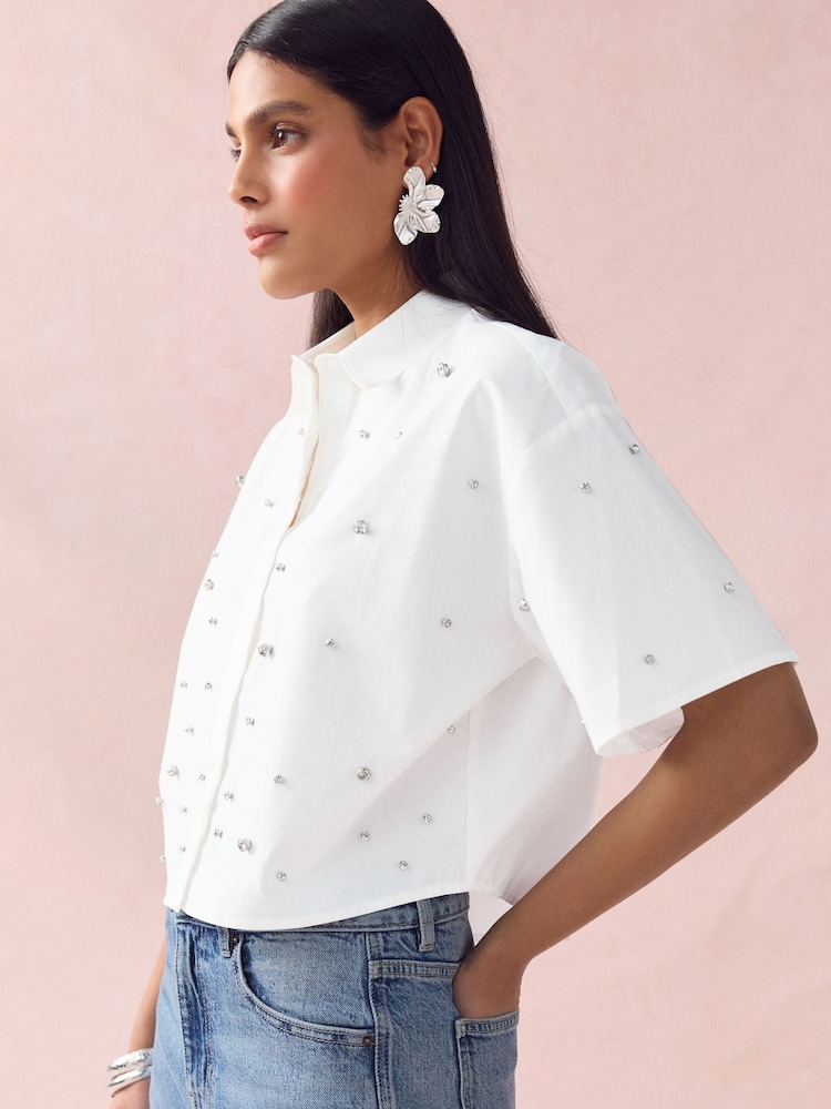 White Short Sleeve Gem Embellished Boxy Shirt - Image 1 of 8 White Short Sleeve Gem Embellished Boxy Shirt - Image 1 of 8