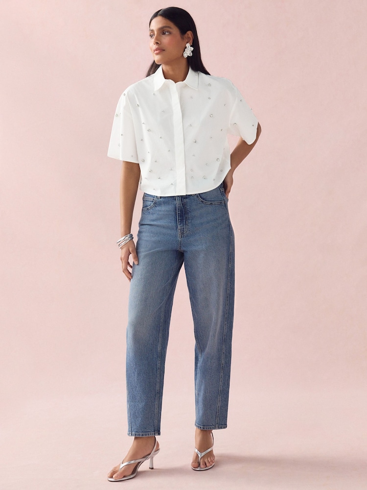 White Short Sleeve Gem Embellished Boxy Shirt - Image 2 of 8 White Short Sleeve Gem Embellished Boxy Shirt - Image 2 of 8