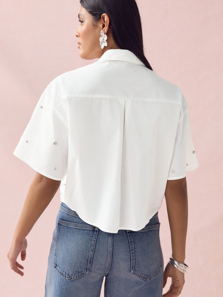 White Short Sleeve Gem Embellished Boxy Shirt - Image 3 of 8