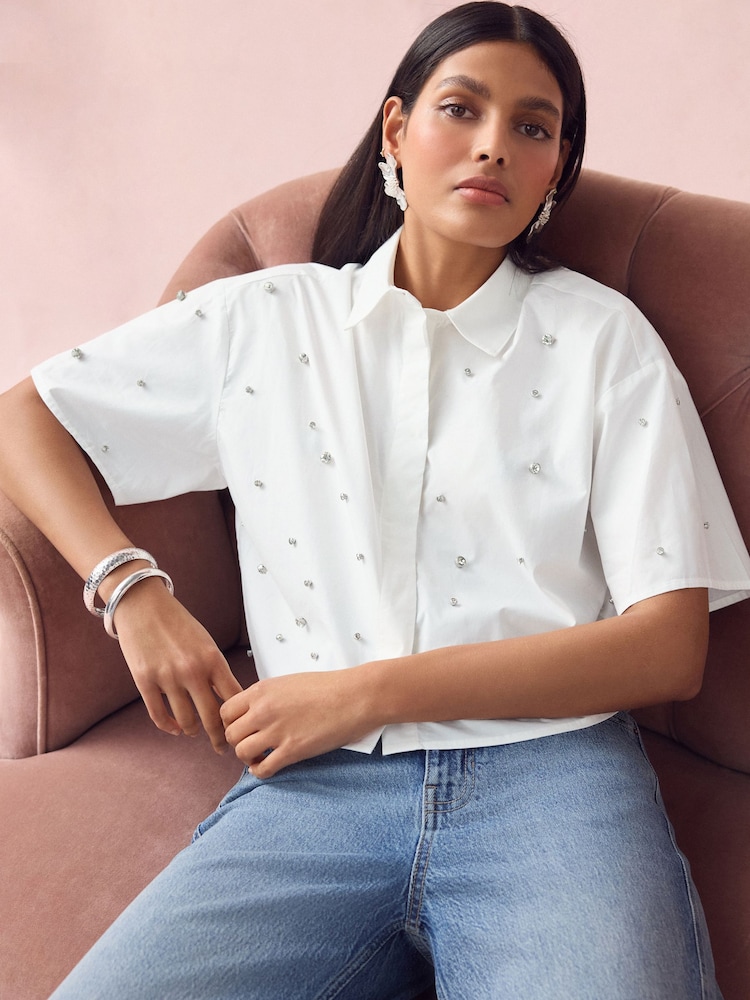 White Short Sleeve Gem Embellished Boxy Shirt - Image 4 of 8