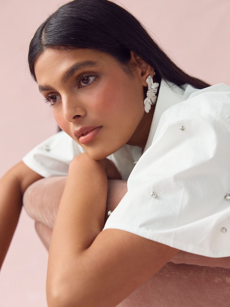 White Short Sleeve Gem Embellished Boxy Shirt - Image 5 of 8