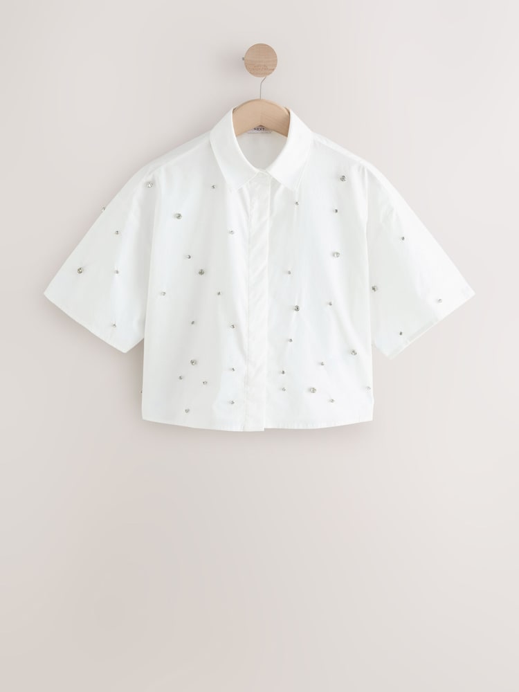White Short Sleeve Gem Embellished Boxy Shirt - Image 6 of 8