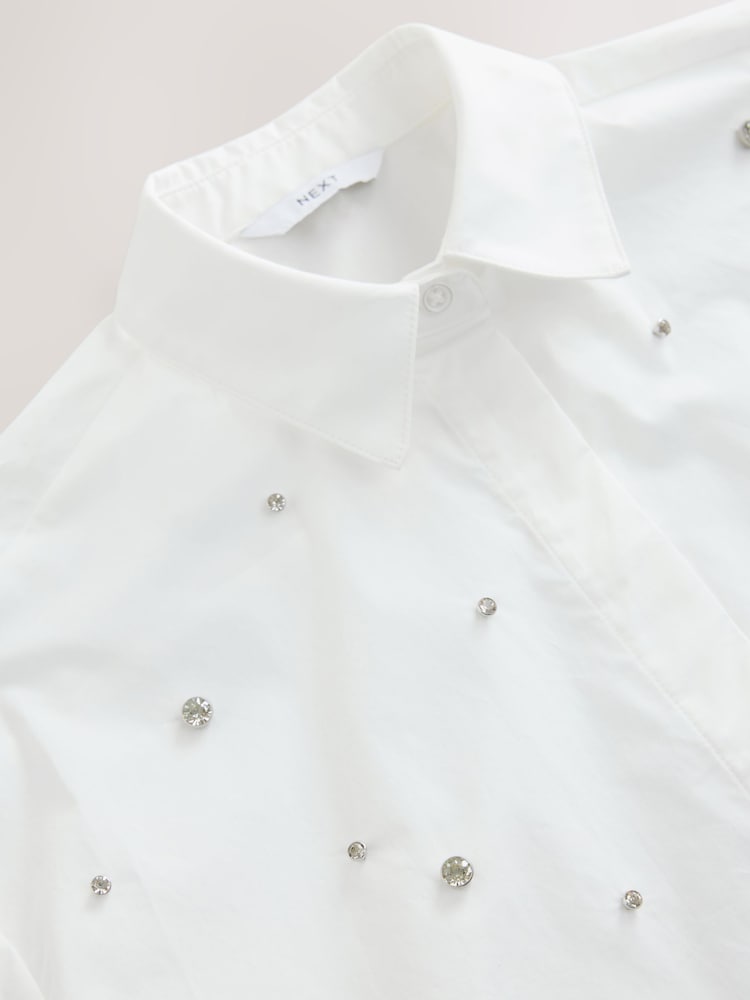White Short Sleeve Gem Embellished Boxy Shirt - Image 7 of 8