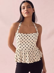 Crème/pois noirs - Haut à péplum à col nu avec lin - Image 1 de 9