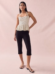 Crème/pois noirs - Haut à péplum à col nu avec lin - Image 2 de 9