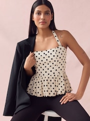 Crème/pois noirs - Haut à péplum à col nu avec lin - Image 3 de 9
