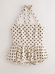 Crème/pois noirs - Haut à péplum à col nu avec lin - Image 7 de 9