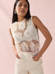 White/Silver Beaded Floral Print Sequin Shell Top - Image 1 of 5