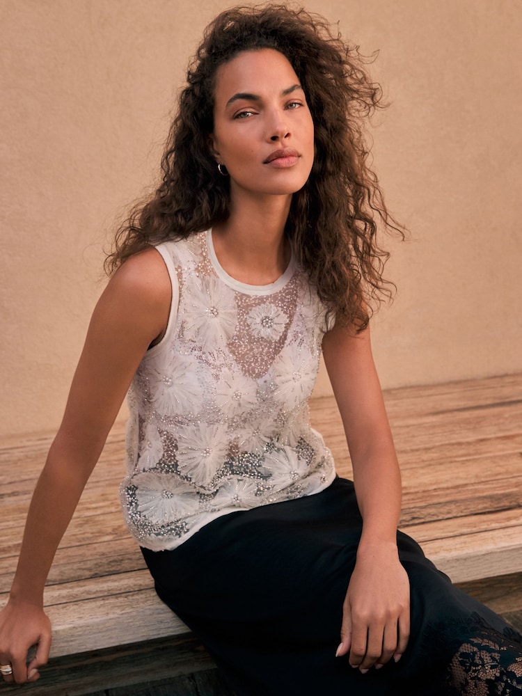 White/Silver Beaded Floral Print Sequin Shell Top - Image 1 of 7 White/Silver Beaded Floral Print Sequin Shell Top - Image 1 of 7