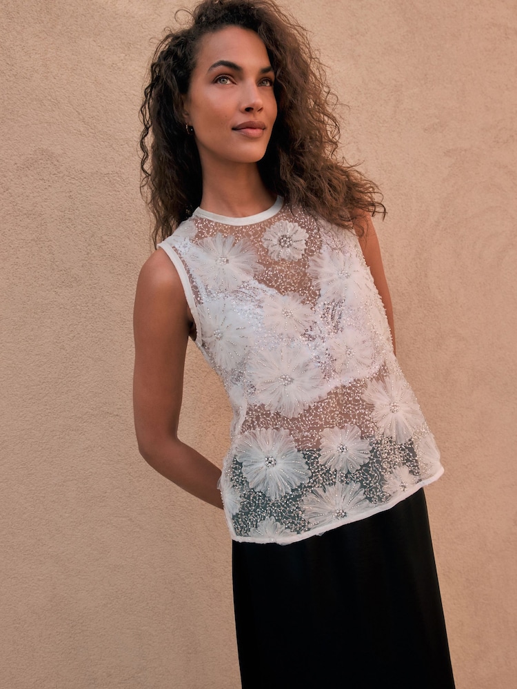White/Silver Beaded Floral Print Sequin Shell Top - Image 2 of 7 White/Silver Beaded Floral Print Sequin Shell Top - Image 2 of 7