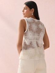 White/Silver Beaded Floral Print Sequin Shell Top - Image 3 of 5