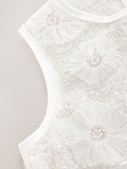 White/Silver Beaded Floral Print Sequin Shell Top - Image 7 of 7