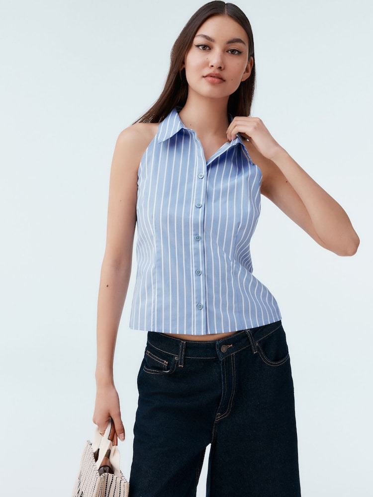 Blue/White Stripe Sleeveless Fitted Shirt - Image 1 of 8