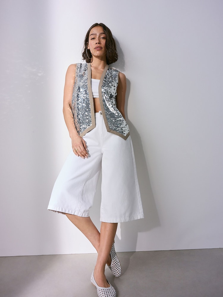 Silver Sleeveless Sequin Embelished Waistcoat With Linen - Image 2 of 6