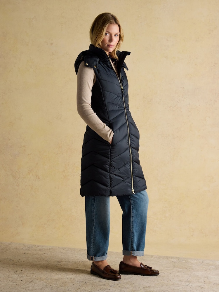 Joules Pembury Navy Longline Showerproof Padded Gilet with Hood - Image 1 of 11