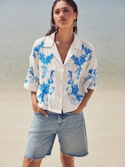 White/Blue Doublecloth Relaxed Short Sleeve Shirt With Embroidery - Image 1 of 8