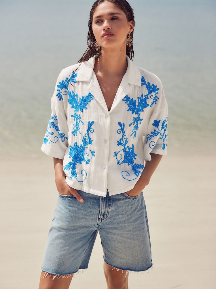 White/Blue Doublecloth Relaxed Short Sleeve Shirt With Embroidery - Image 1 of 8