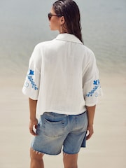 White/Blue Doublecloth Relaxed Short Sleeve Shirt With Embroidery - Image 3 of 8