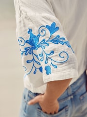 White/Blue Doublecloth Relaxed Short Sleeve Shirt With Embroidery - Image 5 of 8