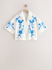 White/Blue Doublecloth Relaxed Short Sleeve Shirt With Embroidery - Image 6 of 8