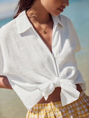 White 100% Linen Tie Front Short Sleeve Shirt - Image 5 of 8