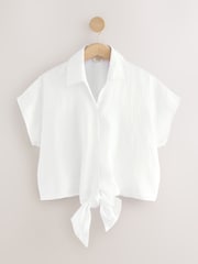 White 100% Linen Tie Front Short Sleeve Shirt - Image 6 of 8