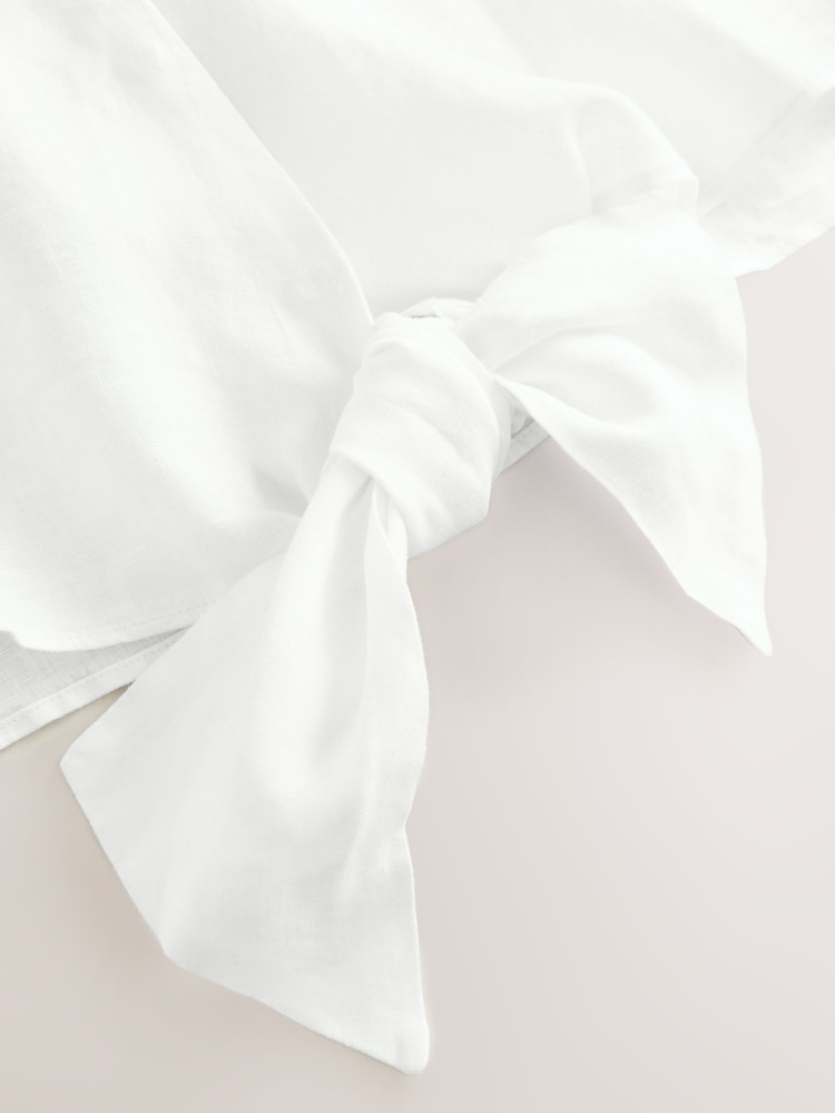 White 100% Linen Tie Front Short Sleeve Shirt - Image 8 of 8