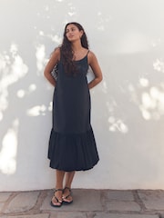 Black 100% Cotton Bubble Hem Midi Dress - Image 1 of 5