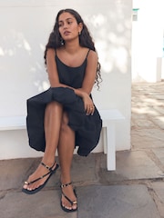 Black 100% Cotton Bubble Hem Midi Dress - Image 2 of 5