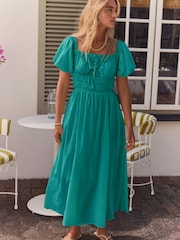 Teal Blue Puff Sleeve Midi Dress - Image 1 of 6