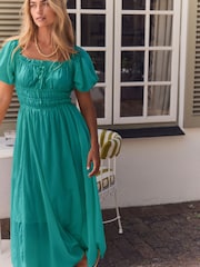 Teal Blue Puff Sleeve Midi Dress - Image 2 of 6