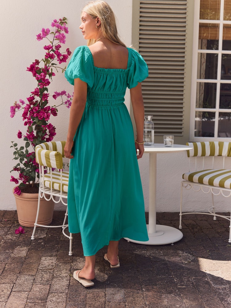 Teal Blue Puff Sleeve Midi Dress - Image 3 of 6