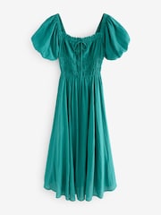Teal Blue Puff Sleeve Midi Dress - Image 4 of 6