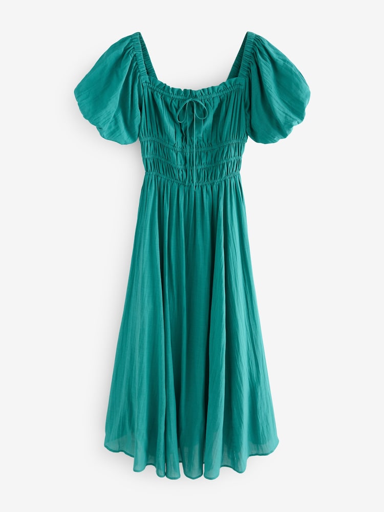 Teal Blue Puff Sleeve Midi Dress - Image 4 of 6