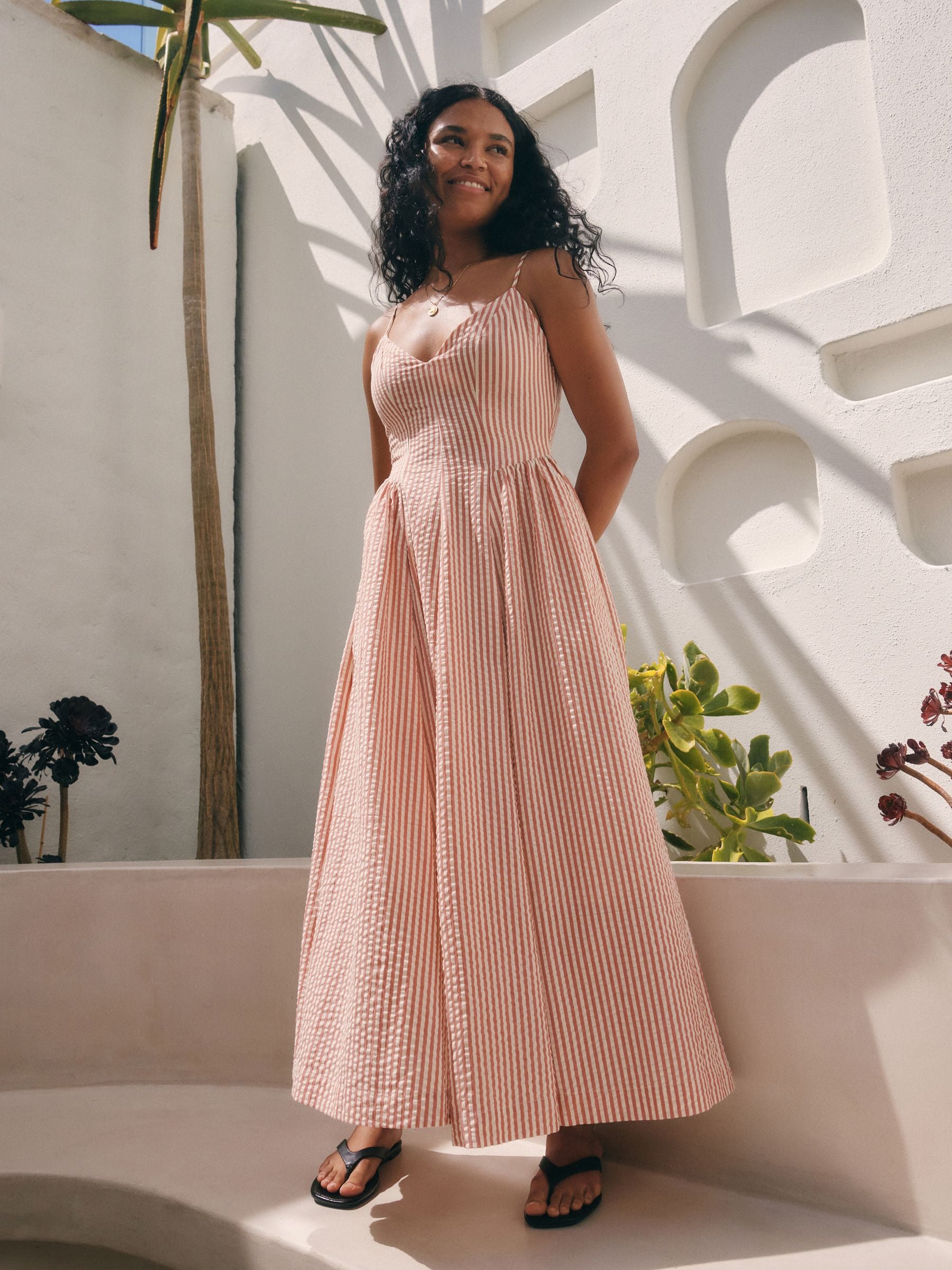 Rust Brown 100% Cotton Textured Seersucker Midi Dress