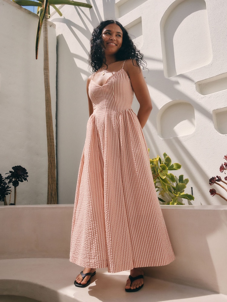 Rust Brown 100% Cotton Textured Seersucker Midi Dress - Image 1 of 8
