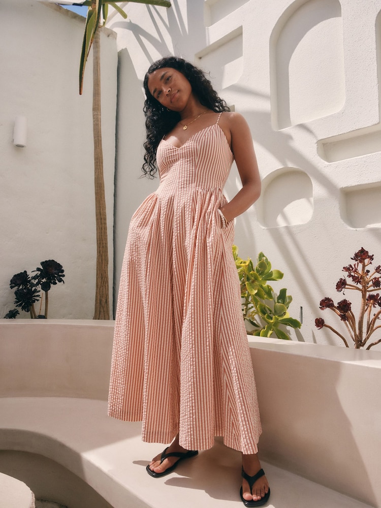 Rust Brown 100% Cotton Textured Seersucker Midi Dress - Image 2 of 8