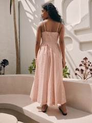 Rust Brown 100% Cotton Textured Seersucker Midi Dress - Image 3 of 8