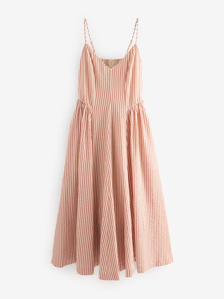 Rust Brown 100% Cotton Textured Seersucker Midi Dress - Image 6 of 8