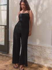 Black Cornelli Wide Leg Jumpsuit With Linen - Image 1 of 9