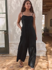Black Cornelli Wide Leg Jumpsuit With Linen - Image 2 of 9