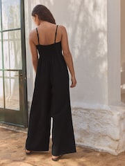 Black Cornelli Wide Leg Jumpsuit With Linen - Image 3 of 9