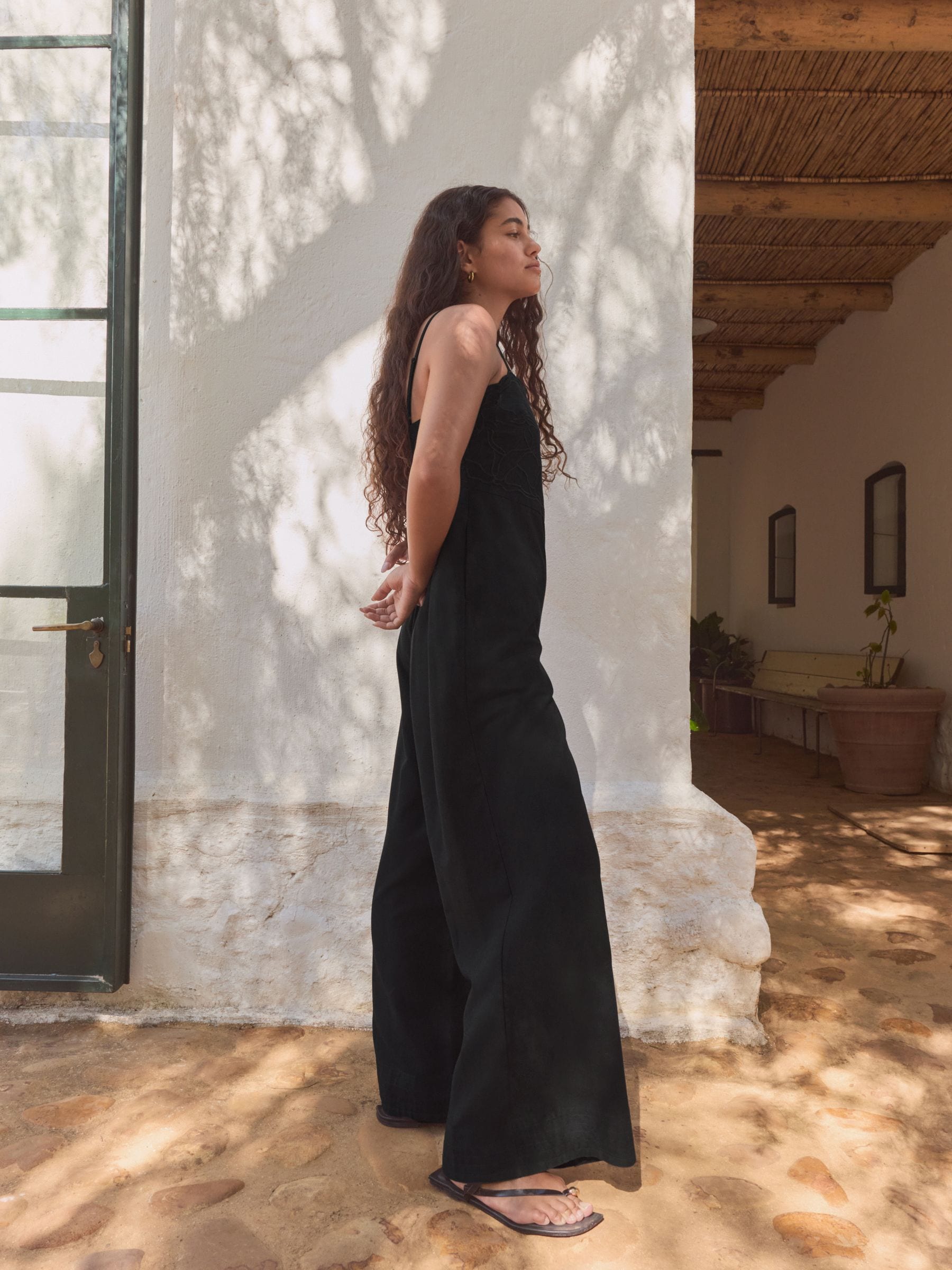 Black Cornelli Wide Leg Jumpsuit With Linen | Laura Ashley